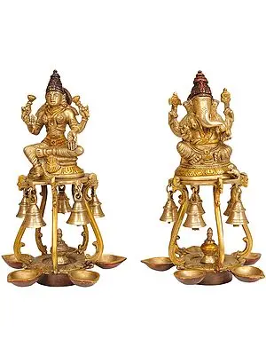 9" Pair of Lakshmi Ganesha Lamps with Bells In Brass | Handmade | Made In India