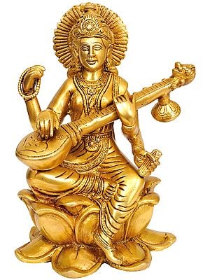 9" Goddess Saraswati In Brass | Handmade | Made In India