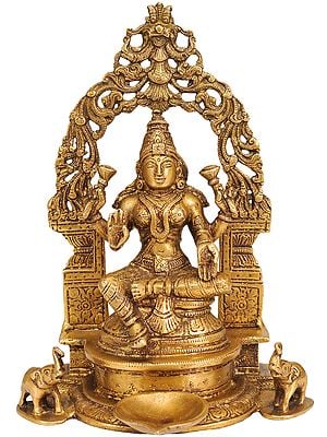 9" Enthroned Goddess Lakshmi with Puja Diya in Brass | Handmade | Made in India
