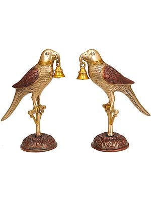 9" Pair of Parrots with Bell In Brass | Handmade | Made In India