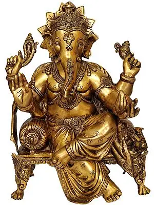 20" Large Size Lord Ganesha Seated on Chowki In Brass | Handmade | Made In India