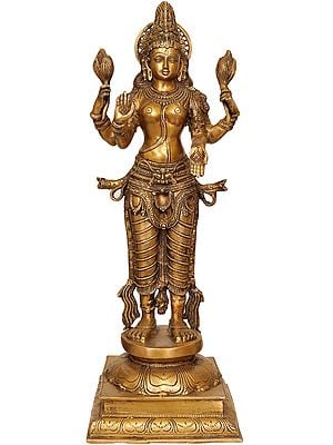 27" Standing Goddess Lakshmi In Brass | Handmade | Made In India