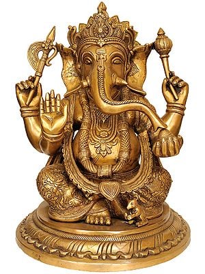 16" Lord Ganesha Wearing a Beautiful Crown In Brass | Handmade | Made In India