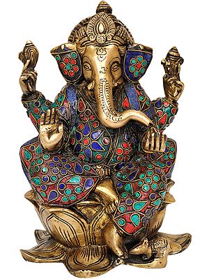 9" Ganesha Seated on Lotus In Brass | Handmade | Made In India