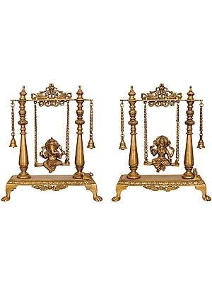 Pair of Ganesha and Lakshmi On A Swing (Set of 2 Sculptures)