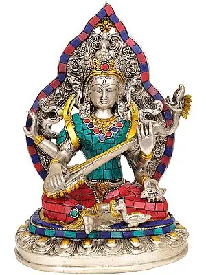 9" Goddess Saraswati (Inlay Statue) In Brass | Handmade | Made In India