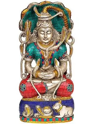 14" Meditating Shiva Under Serpent (Inlay Statue) In Brass | Handmade | Made In India