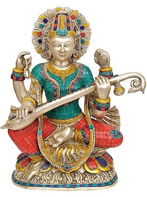 16" Goddess Saraswati Playing Veena In Brass | Handmade | Made In India