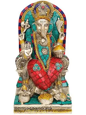 9" Four Armed Ganesha Seated on Throne In Brass | Handmade | Made In India