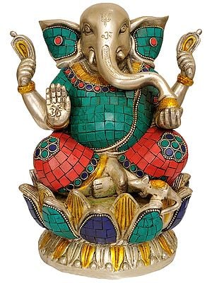 9" Lord Ganesha Seated on Lotus In Brass | Handmade | Made In India
