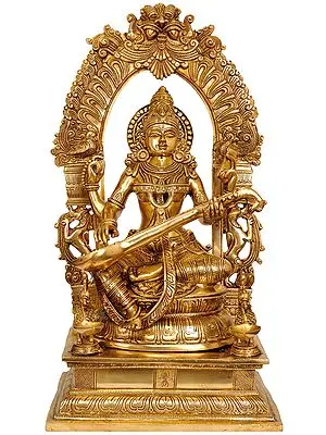 24" Goddess Saraswati Playing Veena with Floral Aureole In Brass | Handmade | Made In India