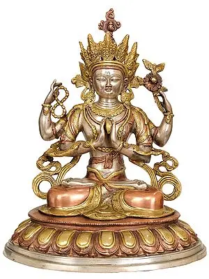 18" Chenrezig- Four Armed Avalokiteshvara (Tibetan Buddhist Deity) In Brass | Handmade | Made In India