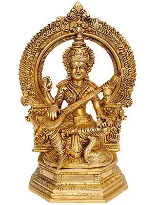 9" Goddess Saraswati Playing Veena In Brass | Handmade | Made In India