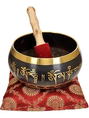 Tibetan Buddhist Singing Bowl with the Figures of Buddha Inside and Mantras Outside (with Cushion)