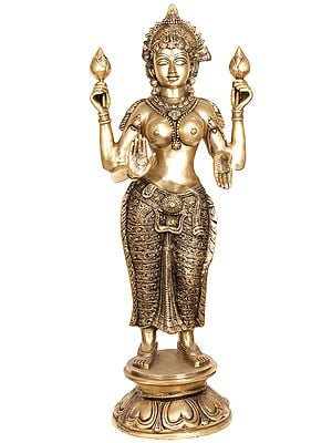 38" Large Size Standing Goddess Lakshmi In Brass | Handmade | Made In India