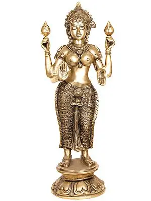 38" Large Size Standing Goddess Lakshmi In Brass | Handmade | Made In India