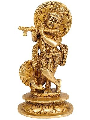 6" Krishna Playing Flute with Peacock | Handmade Brass Statue | Made in India