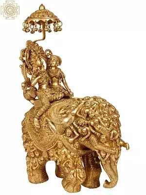 23" Radha and Krishna Riding on Elephant | Handmade Brass Statue