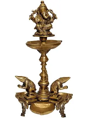 15" Ganesha Lamp with Three Rats in Homage In Brass | Handmade | Made In India