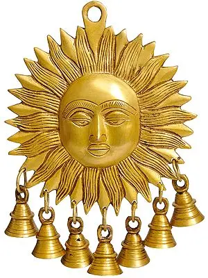 8" Surya Wall-Hanging: Auspicious Motif of Sun with Bells In Brass | Handmade | Made In India