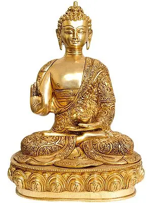 14" Tibetan Buddhist Deity Blessing Buddha with Beautifully Carved Robe In Brass | Handmade | Made In India