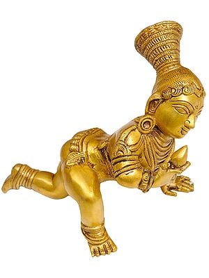 9" Baby Krishna Idol Eating Butter with Tribal Hair Style | Handmade Brass Statue | Made in India
