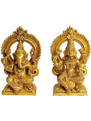 5" Pair of Throne Ganesha and Lakshmi Statue in Brass | Handmade | Made in India