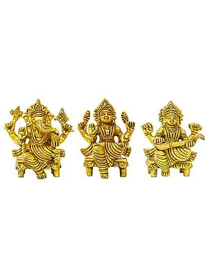 3" Ganesha Lakshmi and Saraswati (Set of Three Statues) in Brass | Handmade | Made In India