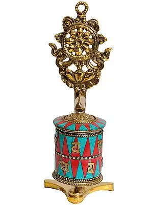7" Tibetan Buddhist Prayer Wheel with Dharmachakra (Ashtamangala) In Brass | Handmade | Made In India