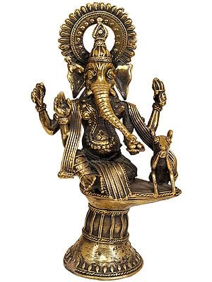 8" Fine Tribal Ganesha Enjoying Modak In Brass | Handmade | Made In India