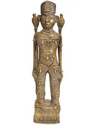 A Tribal Deity with Human Faces on Body and Serpents in Arms