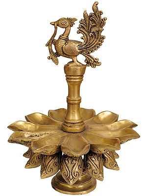 12" Peacock  Lamp with Lotus Petals In Brass | Handmade | Made In India