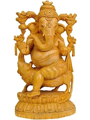 Lord Ganesha Idol Seated on Musaka | Carved Cedar Wood from Trivandrum Kerala