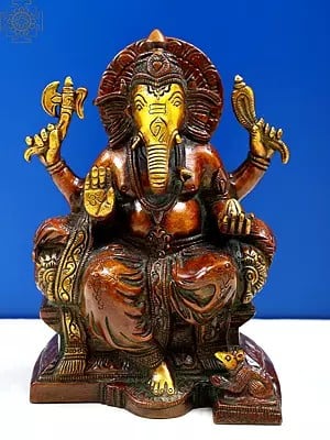 6" Lord Ganesha Seated on Throne In Brass | Handmade | Made In India