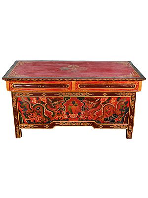 Tibetan Buddhist Altar Desk with Images of Dragons and Vishwa Vajra (Made in Nepal)