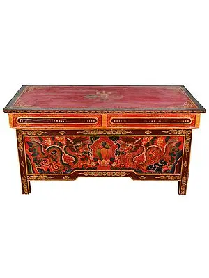 Tibetan Buddhist Altar Desk with Images of Dragons and Vishwa Vajra (Made in Nepal)