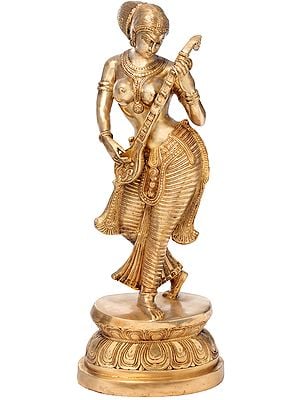 35" Large Size Standing Goddess Saraswati In Brass | Handmade | Made In India
