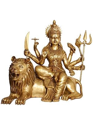 33" Large Size Goddess Durga Seated On Lion In Brass | Handmade | Made In India