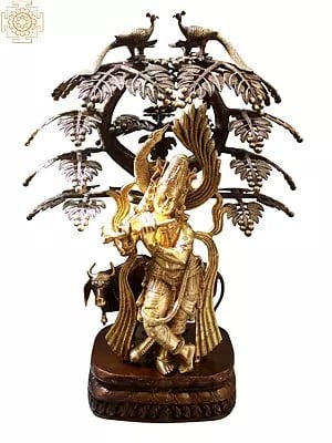 33" Peacock Krishna Under a Blooming Tree with Cow In Brass
