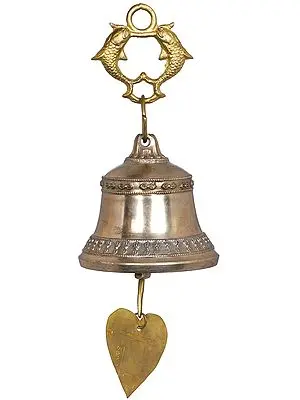 10" Twin Fishes Tibetan Buddhist Hanging Bell with Leaf In Brass | Handmade | Made In India