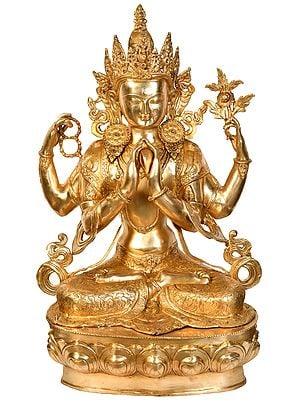 38" Tibetan Buddhist Bodhisattva Deity Chenrezig (Large Size Shadakshari Lokeshvara) In Brass | Handmade | Made In India