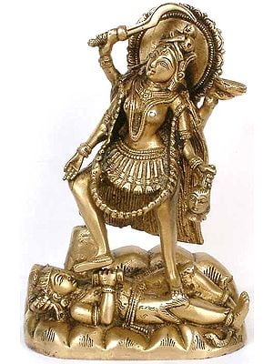 7" Brass Chaturbhujadhari Devi Kali Sculpture Wields Mace | Handmade | Made in India