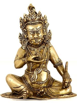 6" Tibetan Buddhist Kubera with Jewel and Nakula (Mongoose) In Brass | Handmade | Made In India