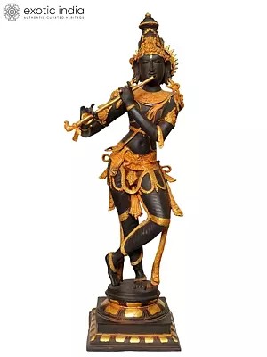 34" Large Size Lord Krishna Brass Statue Playing Flute | Handmade | Made in India