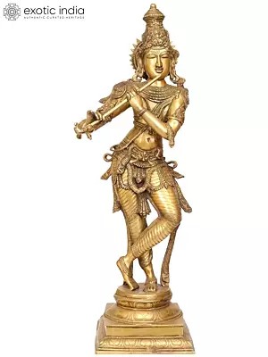34" Large Size Lord Krishna Brass Statue Playing Flute | Handmade | Made in India