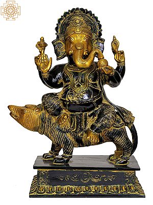16" Lord Ganesha Seated on a Rat In Brass | Handmade | Made In India