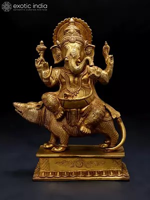 16" Lord Ganesha Seated on a Rat In Brass | Handmade | Made In India