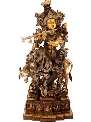 28" Large Size Murli Krishna with a Cow on a Carved Pedestal In Brass | Handmade | Made In India