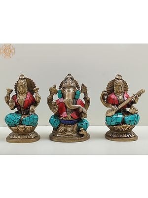4" Brass Saraswati-Ganesha-Lakshmi, Inlaid Trio Idol