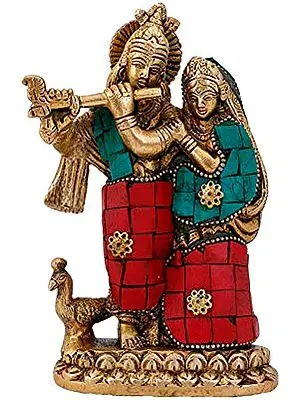 6" Radha Resting on Krishna's Shoulder Whilst He Makes Music | Handmade Brass Statue | Made In India